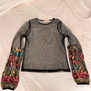 Embroidered Black Mesh Top